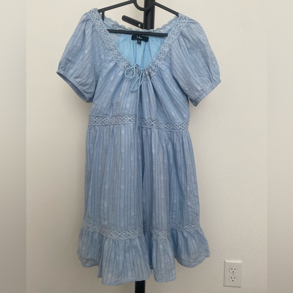So Darling Light Blue Dotted Short Sleeve Mini Dress. Only worn once
